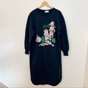 Navy Cat Crewneck Sweatshirt Dress with Kitten Graphic